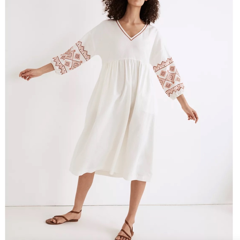 Madewell White Midi Dress with Rust Embroidery